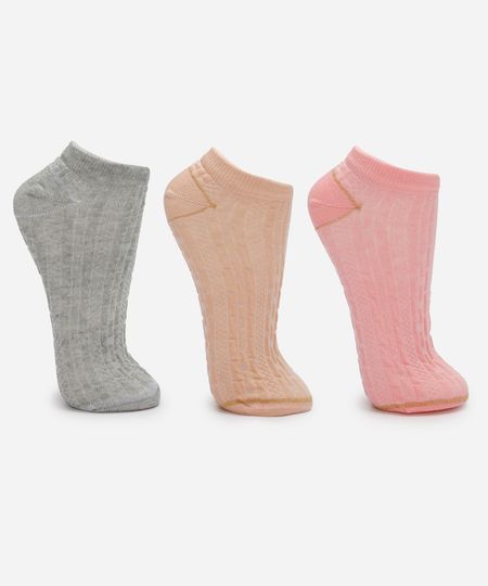 kit de 3 pares de meias femininas cano baixo texturizada com lurex colorida 34-39