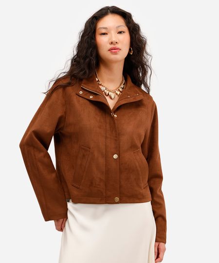 jaqueta feminina de suede gola alta marrom PP