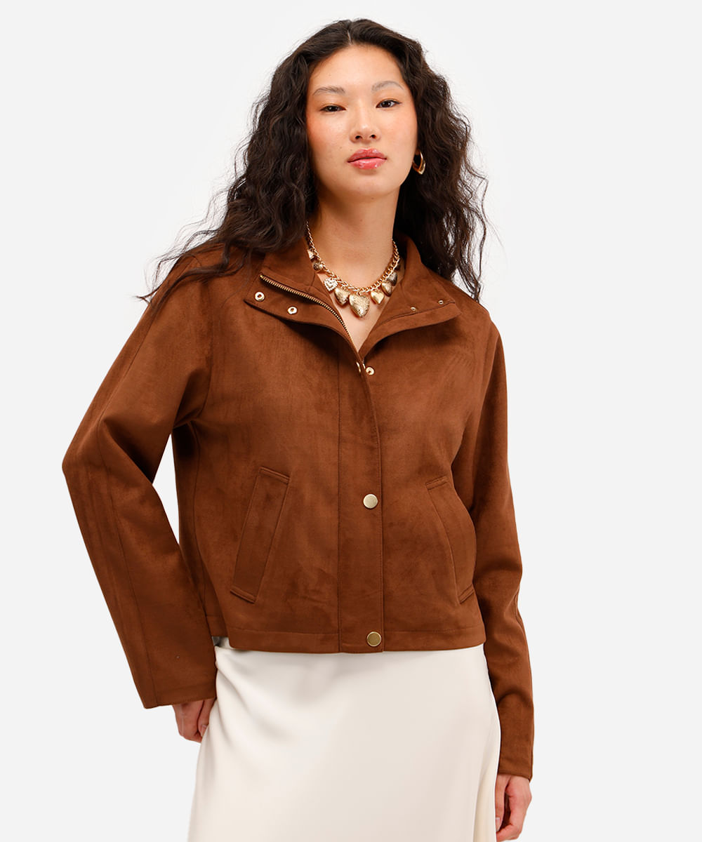 jaqueta feminina de suede gola alta marrom
