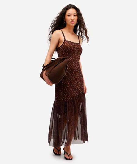 vestido midi feminino de tule animal print marrom PP vestido midi feminino de tule animal print marrom PP