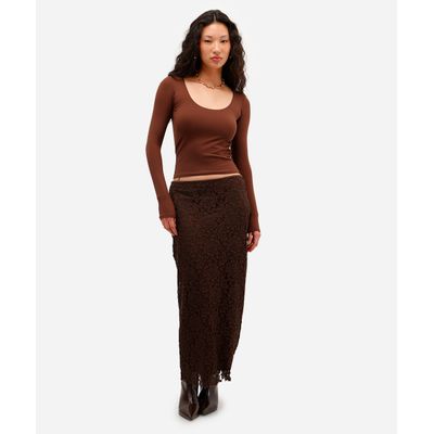 saia midi feminina de renda floral marrom