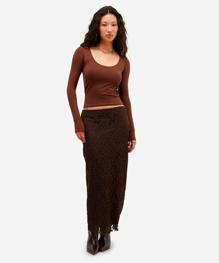 saia midi feminina de renda floral marrom M