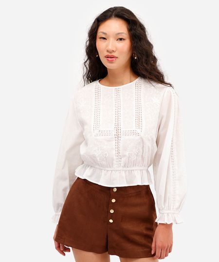 cropped de algodão com renda off white M cropped de algodão com renda off white M