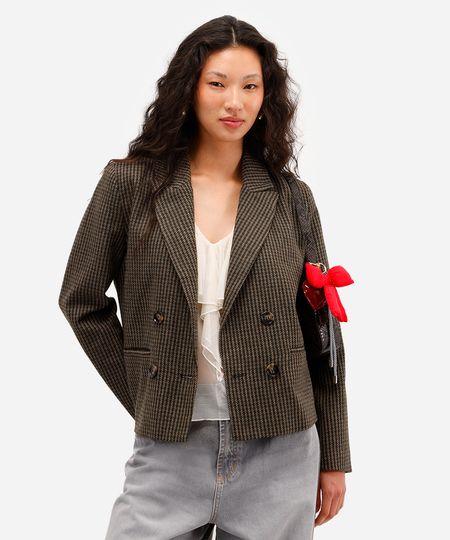 blazer de alfaiataria feminino xadrez marrom GG blazer de alfaiataria feminino xadrez marrom GG