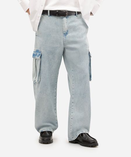 calça wide leg jeans com bolsos cargo azul 40