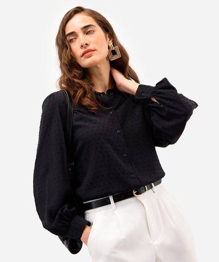 camisa feminina de viscose manga bufante poá preta P