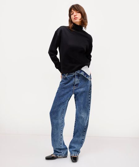 calça reta feminino jeans cós deslocado antonio frajado azul 34 calça reta feminino jeans cós deslocado antonio frajado azul 34