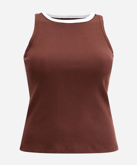 regata plus size de algodão canelada marrom GG1