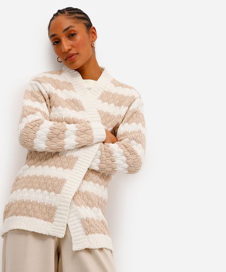 cardigan feminino de tricot texturizado listrado - areia P cardigan feminino de tricot texturizado listrado - areia P