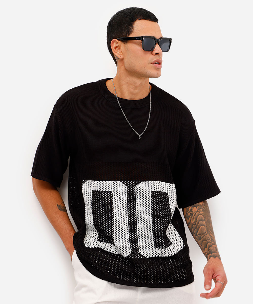 camiseta masculina oversized de tricot manga curta preta