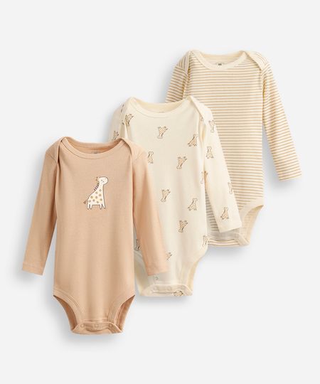 kit de 3 bodies infantis algodão giraffa bege 3-6 kit de 3 bodies infantis algodão giraffa bege 3-6