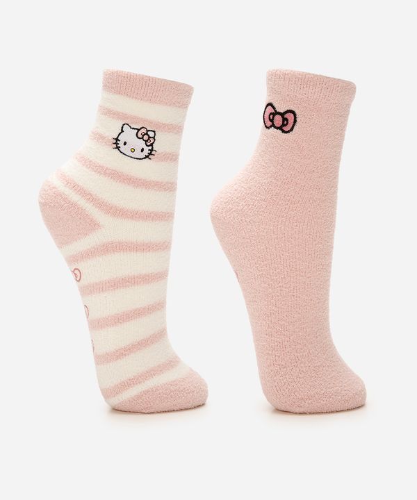 kit de 2 meias infantis de fleece cano longo hello kitty com antiderrapante colorida 23 - 28