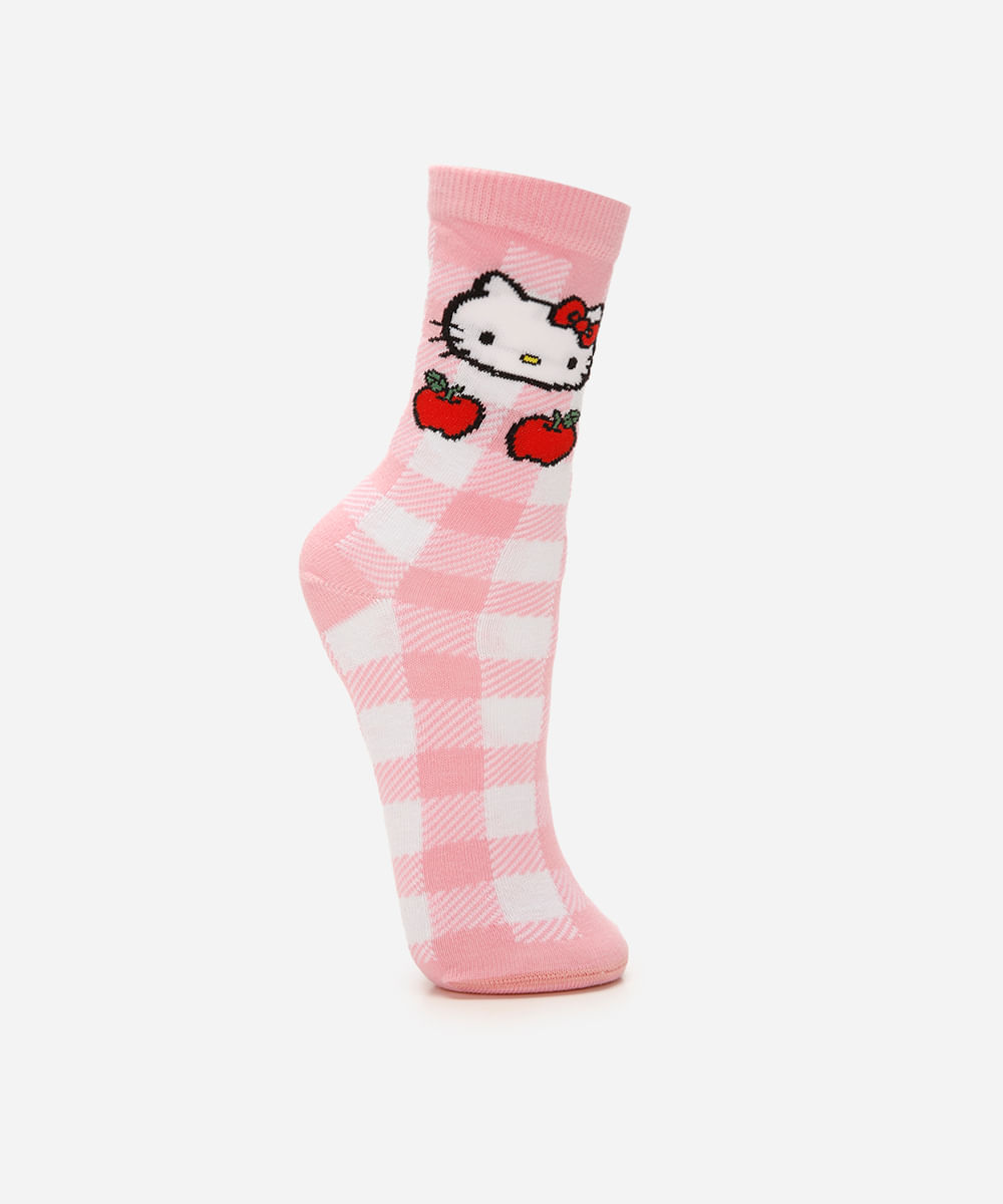 meia feminina cano longo hello kitty xadrez rosa