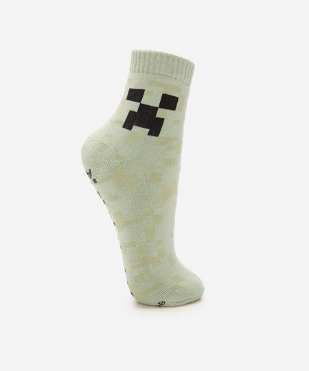meia infantil cano médio minecraft com antiderrapante verde 26-29