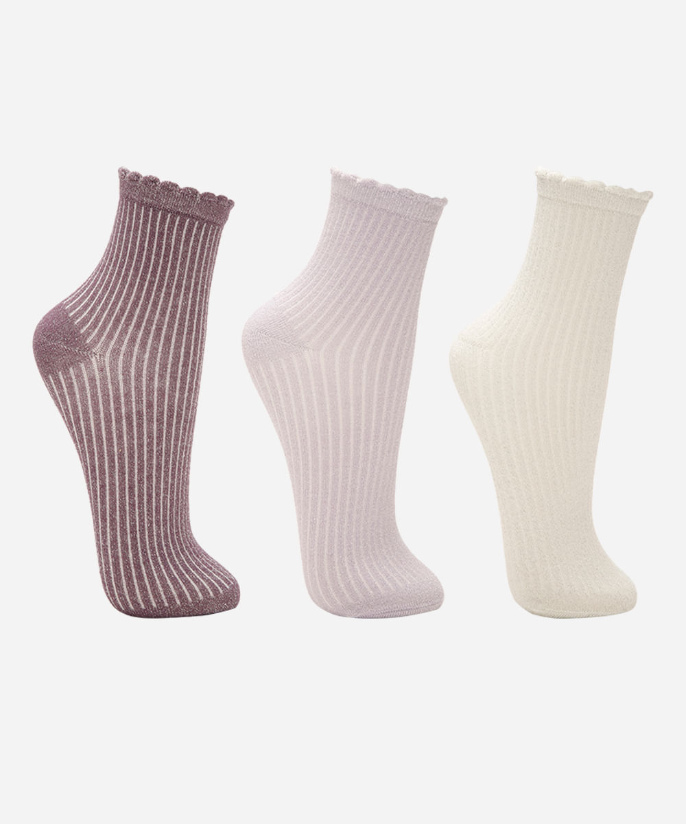 kit de 3 pares de meias femininas cano médio lurex colorido