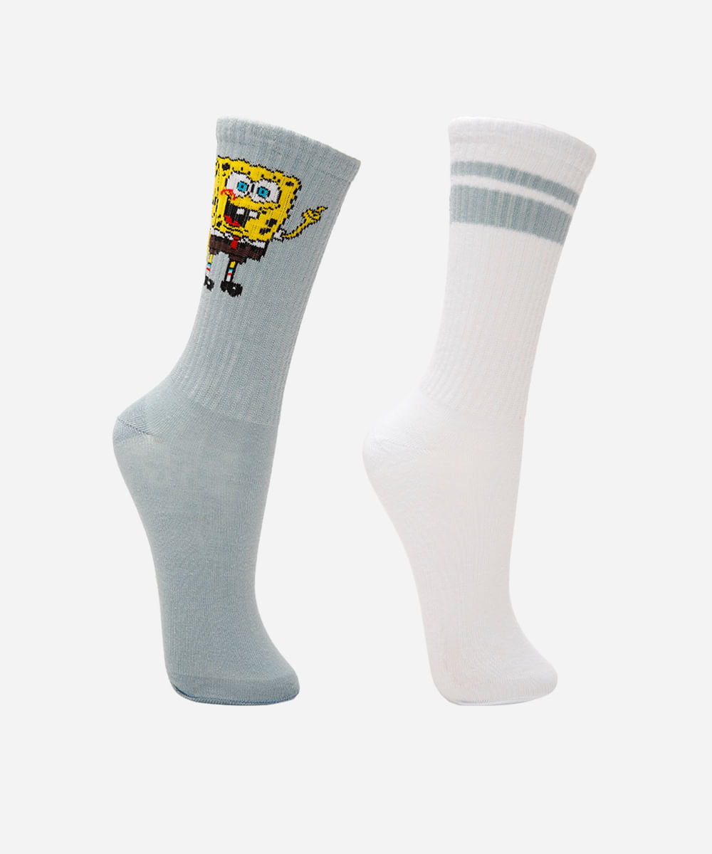 kit de 2 meias infantis cano alto bob esponja colorida