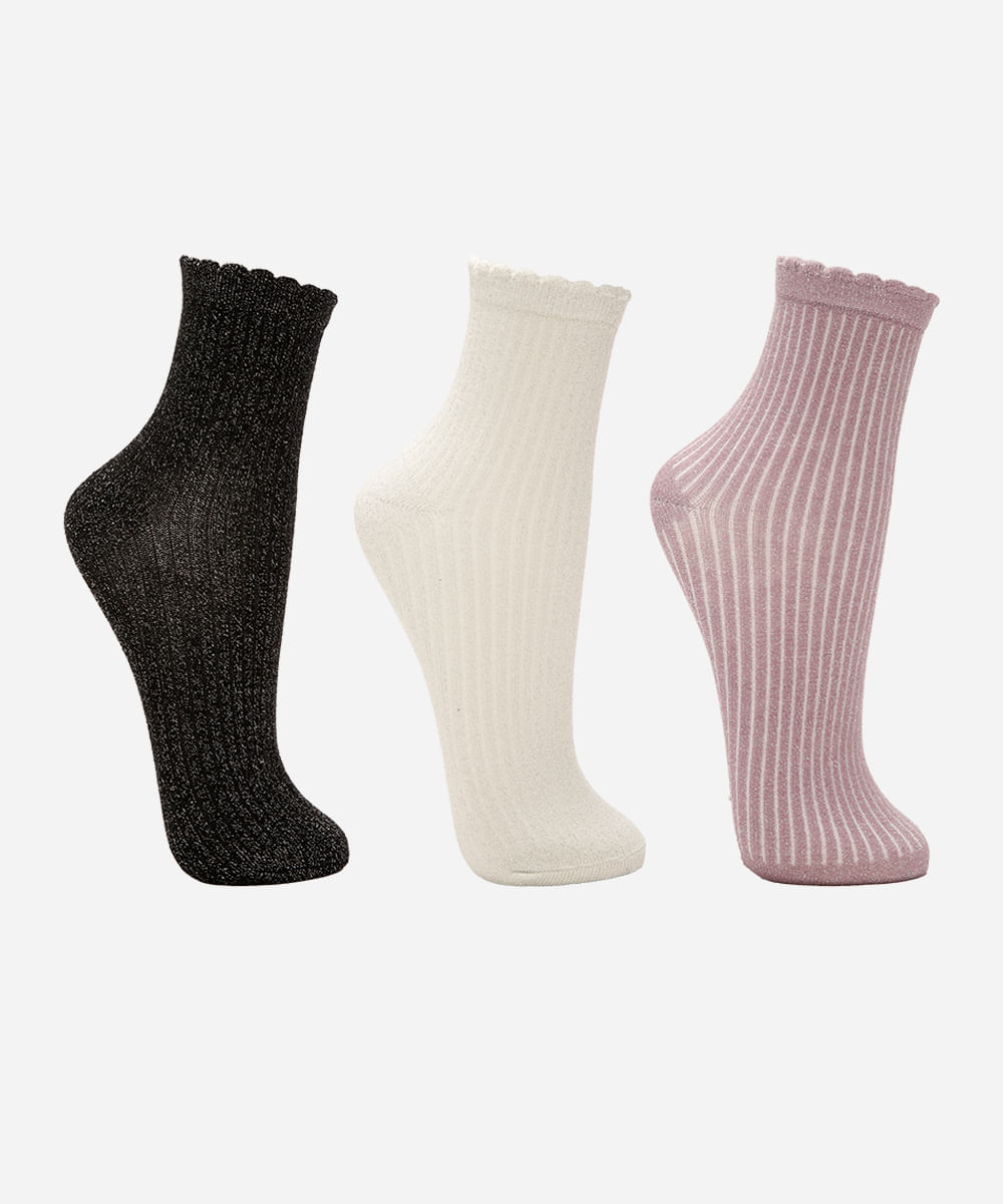 Vista 2 kit de 3 pares de meias femininas cano médio lurex colorido C&A Multicor C&A Multicor