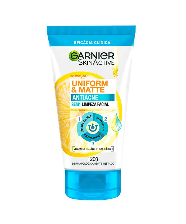 sabonete facial garnier 3 em 1 uniform & matte antiacne 120g 120 ML