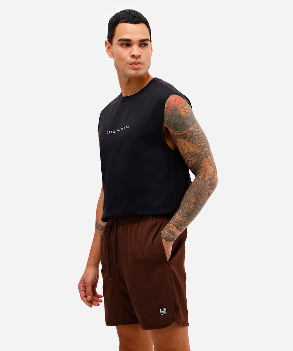 short masculino cós elástico bolso com zíper marrom