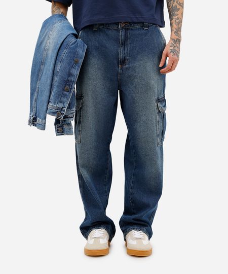 calça baggy masculina jeans dirty azul 36