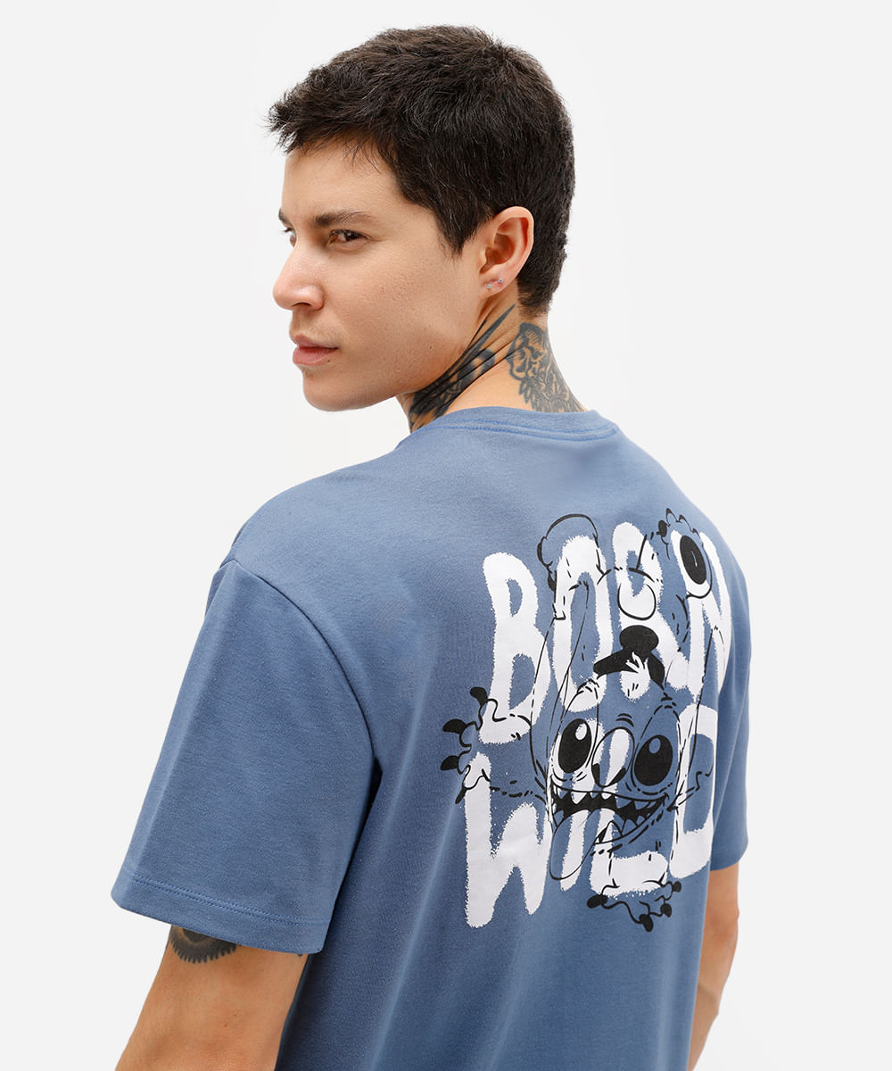 camiseta masculina stitch born wild azul