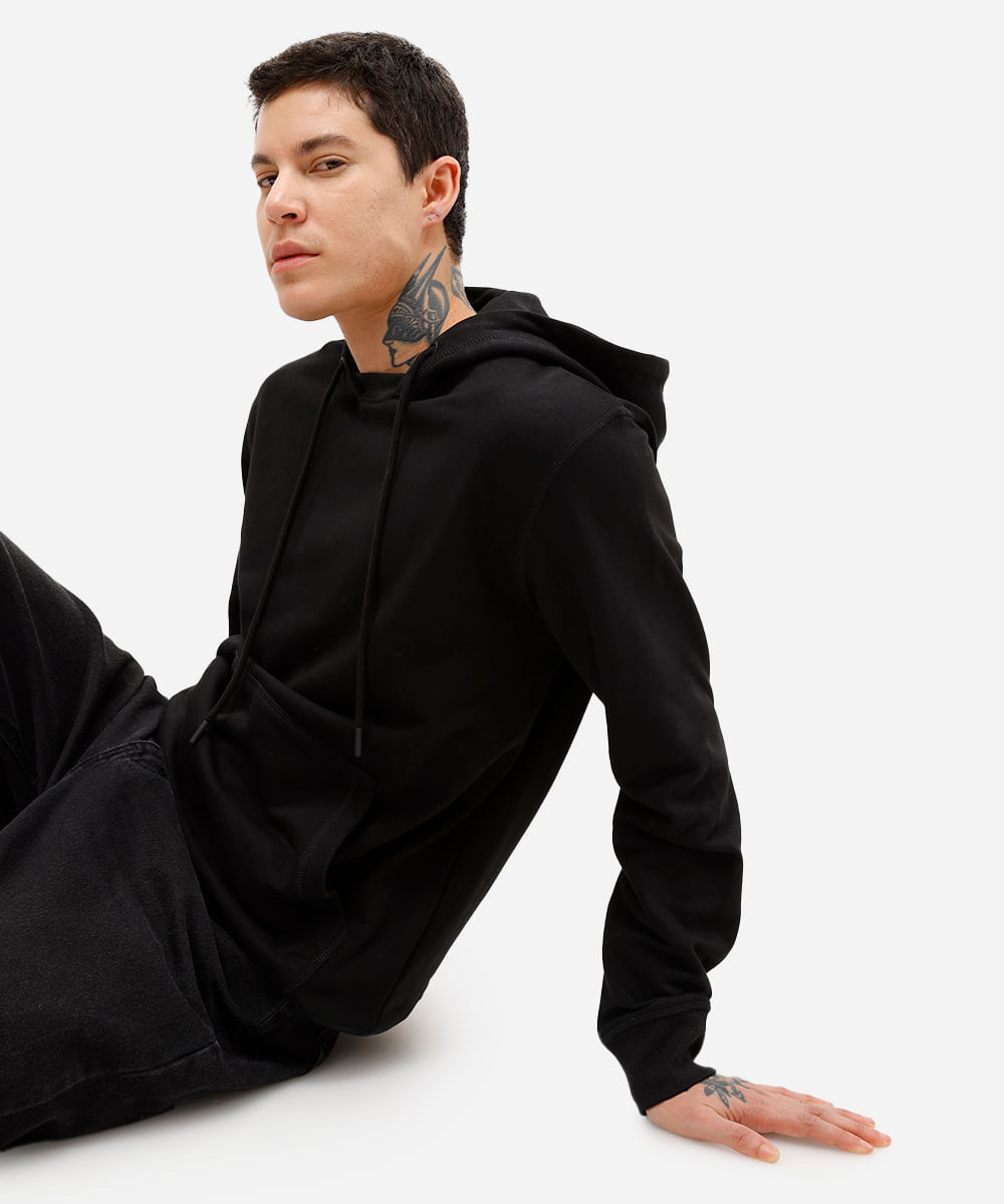 blusão masculino de moletom sem felpa com capuz preto