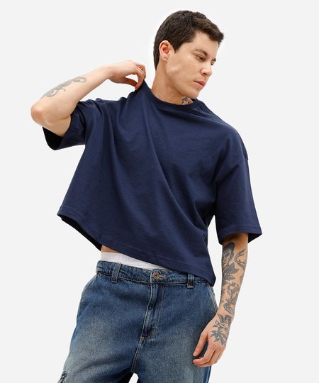 camiseta masculina cropped de algodão azul M