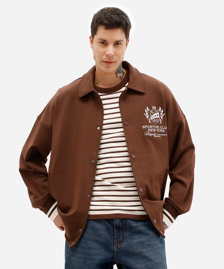 jaqueta bomber masculina com bordado marrom PP jaqueta bomber masculina com bordado marrom PP