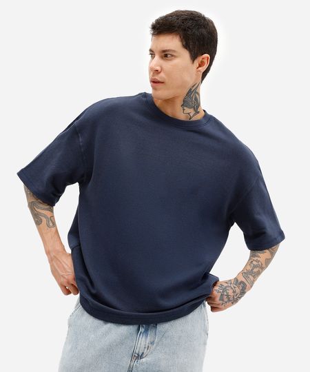 camiseta oversized masculina de moletom sem felpa azul P camiseta oversized masculina de moletom sem felpa azul P
