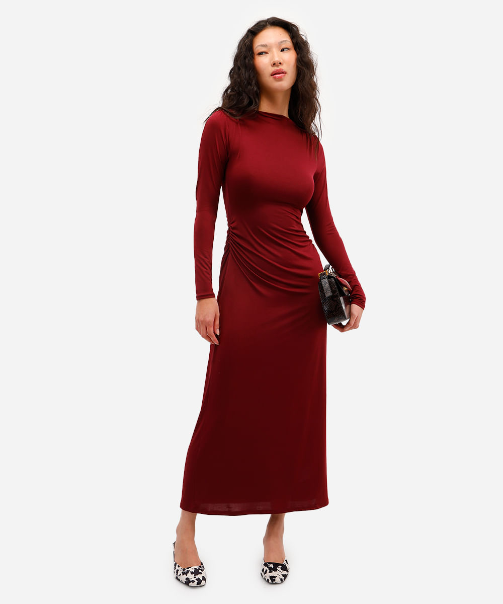 vestido longo feminino manga longa franzido vinho