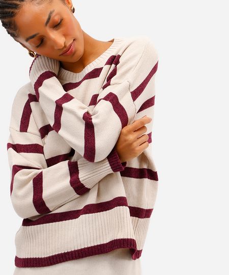 suéter feminino de tricot listrado - vinho PP