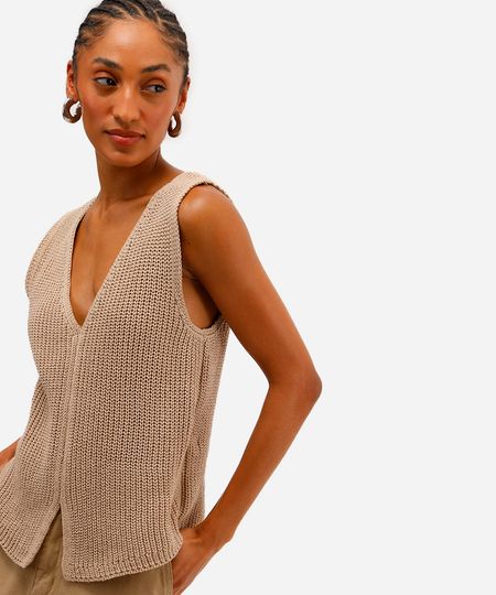 colete feminino de tricot decote v bege M colete feminino de tricot decote v bege M