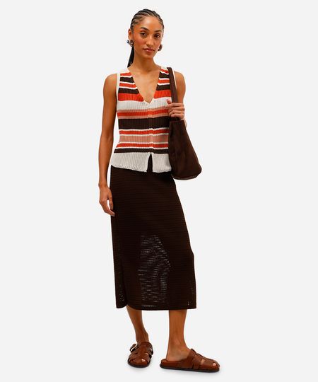 saia reta feminina de tricot com fenda marrom PP saia reta feminina de tricot com fenda marrom PP