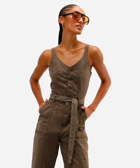 macacão feminino de sarja com faixa verde GG macacão feminino de sarja com faixa verde GG