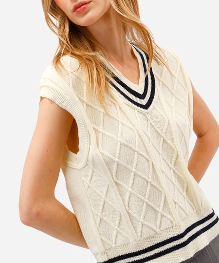 colete feminino de tricot decote v texturizado amarelo PP