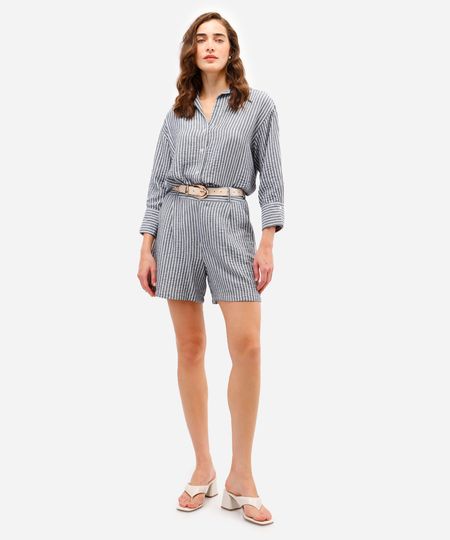 short feminino com linho listrado texturizado azul 42 short feminino com linho listrado texturizado azul 42