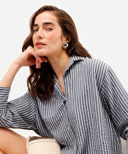 camisa feminina com linho listrada azul P