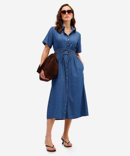 vestido chemise feminino jeans manga curta azul P