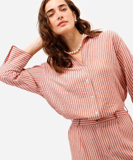 camisa feminina com linho listrada laranja PP