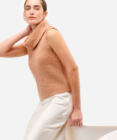 regata feminina de tricot gola alta texturizada bege M regata feminina de tricot gola alta texturizada bege M