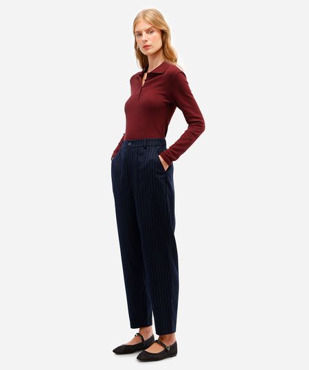 calça feminina de alfaiataria cós elástico risca de giz azul 40
