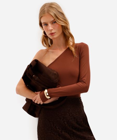 body ombro único feminino franzido marrom P