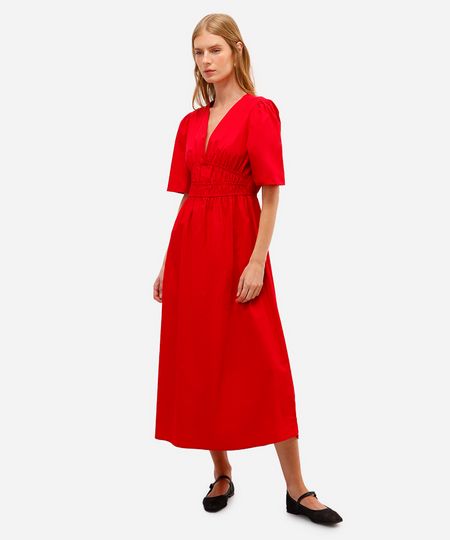 vestido midi feminino de algodão decote v vermelho PP