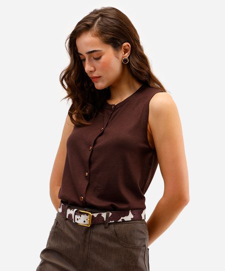 blusa feminina de tricot com botões marrom P