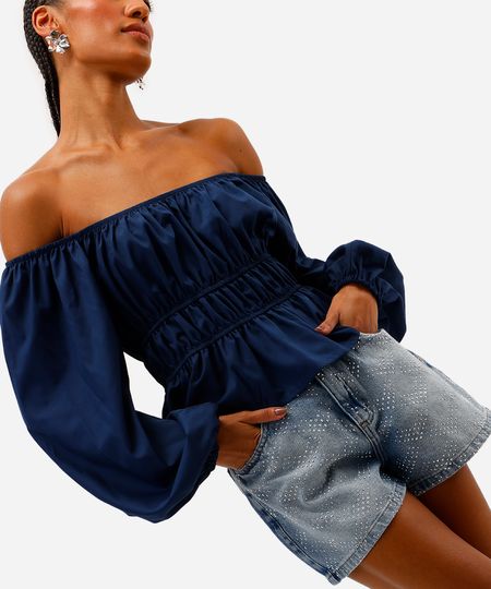 short feminino jeans com brilhos azul 36