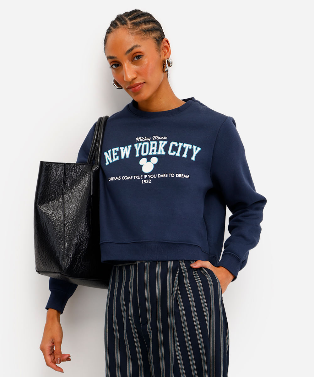 blusão feminino de moletom felpado cropped mickey azul