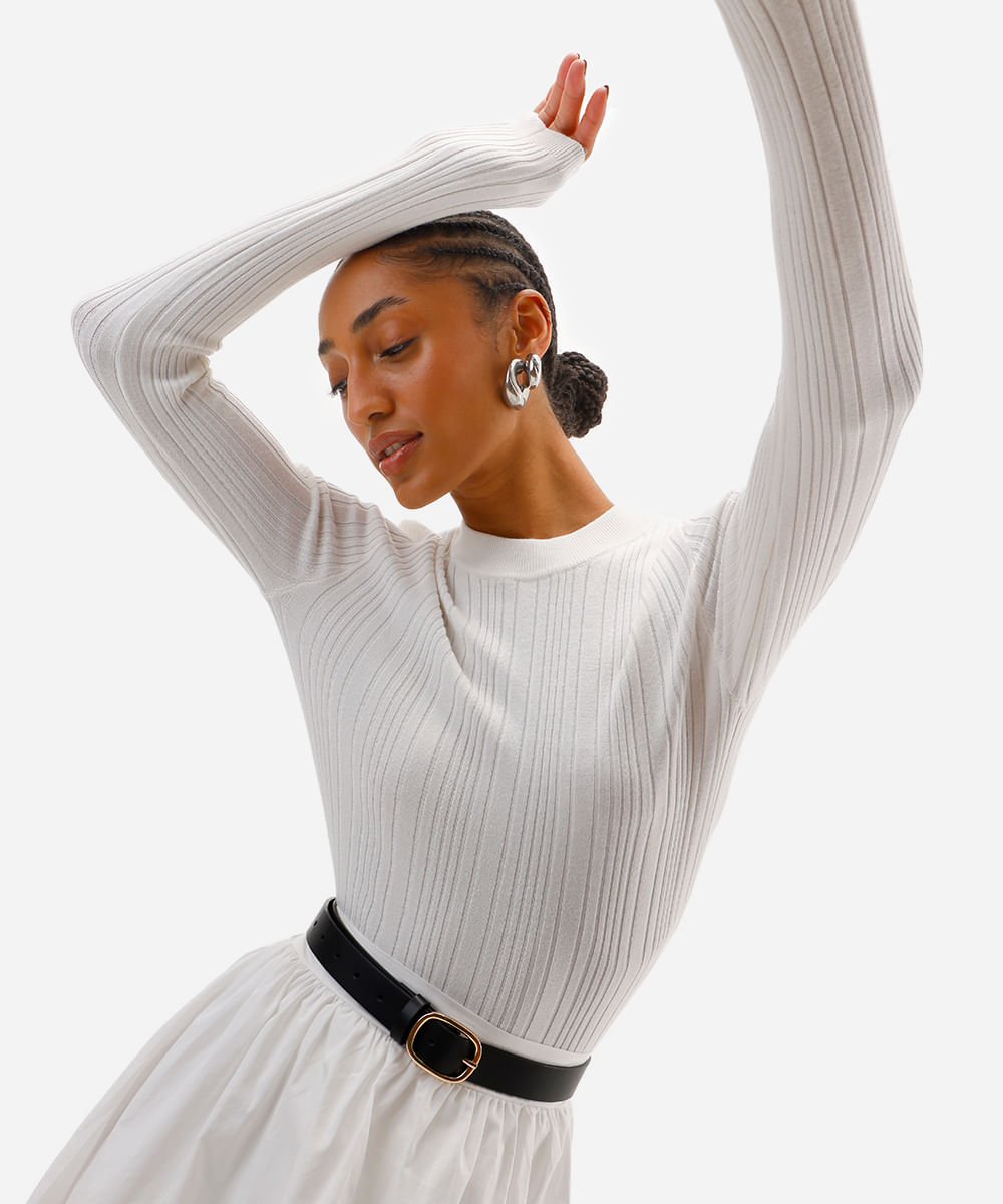 blusa básica feminina de tricot manga longa canelada off white