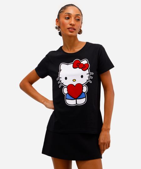 camiseta feminina de algodão hello kitty texturizada preta PP camiseta feminina de algodão hello kitty texturizada preta PP