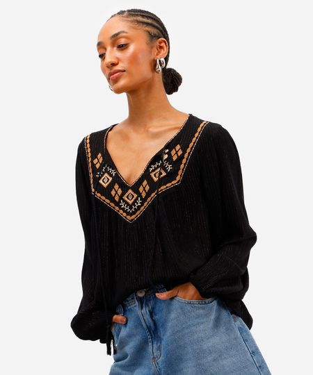 bata feminina de viscose com bordado e lurex preta P bata feminina de viscose com bordado e lurex preta P