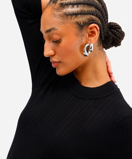 blusa básica feminina de tricot  manga longa canelada preta G